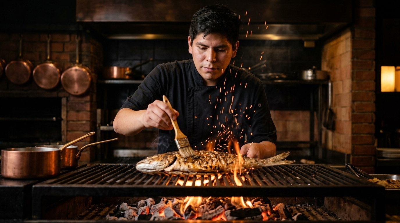 Chef Mario Romero al fuego vivo en la parrilla