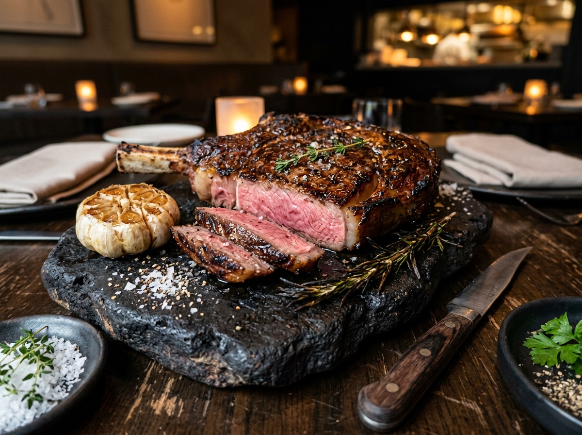 Tomahawk Prime a la brasa de carbón y leña con ajo rostizado y sal Maldon