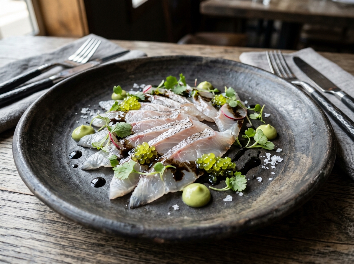 Crudo de huachinango salvaje con aceite de ceniza de habanero y perlas cítricas