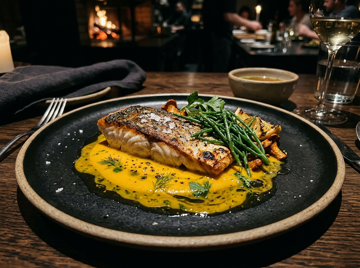 Robalo salvaje a las brasas de encino con emulsión de pimientos amarillos y espárragos de mar