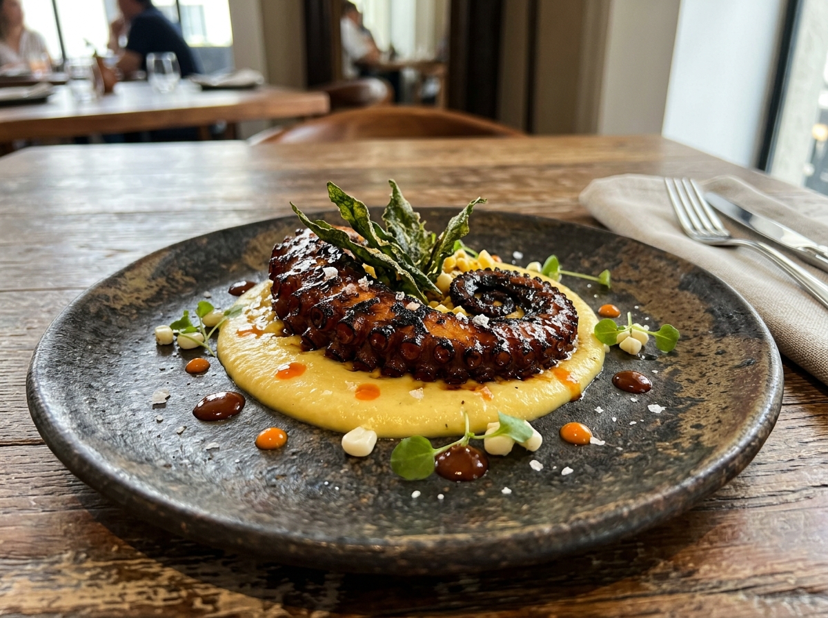 Tentáculo de pulpo a la brasa caramelizado con piloncillo y puré de esquites cremosos
